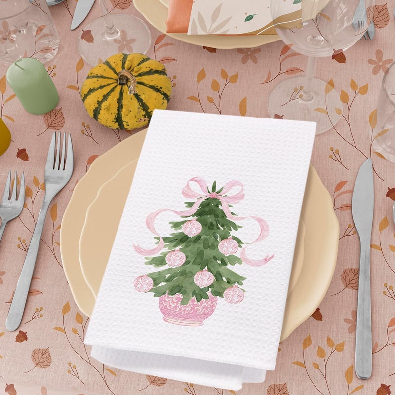 SPBL&L Chinoiserie Christmas Kitchen Towels, Pink Bow Tree Decorative Hand Towels for Bathroom, 16x24 Inch - Image 4